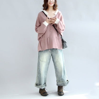 Fall Pink Knit Tops White Neck Ruffles Sweaters