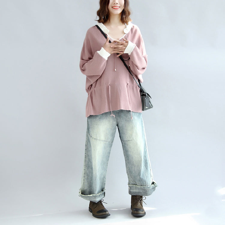 Fall Pink Knit Tops White Neck Ruffles Sweaters