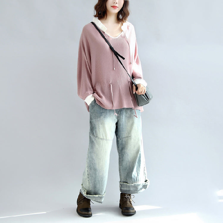 Fall Pink Knit Tops White Neck Ruffles Sweaters