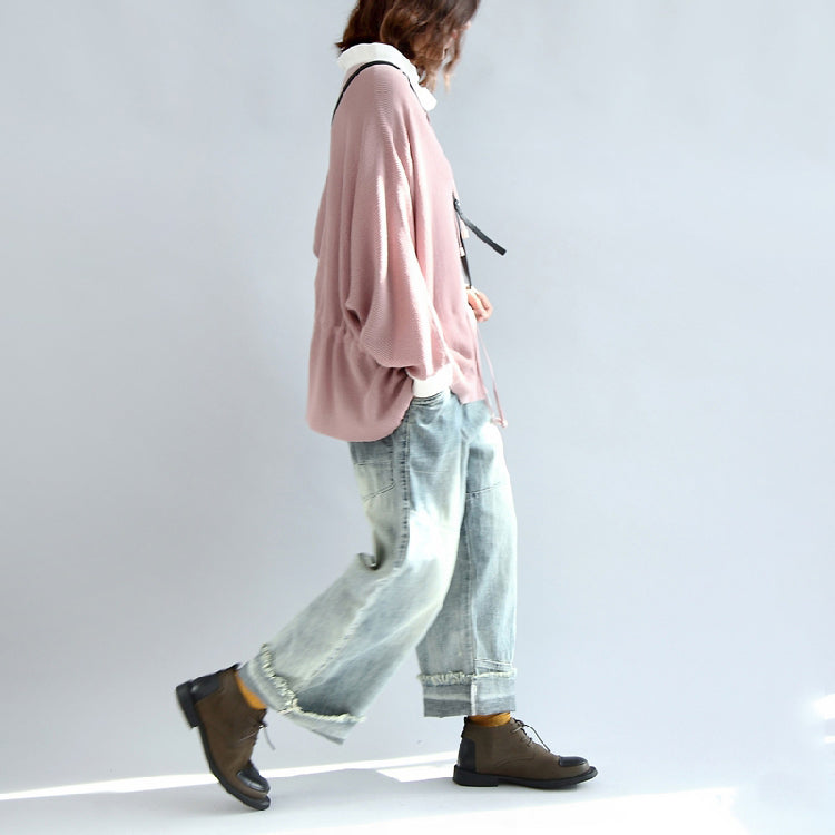 Fall Pink Knit Tops White Neck Ruffles Sweaters