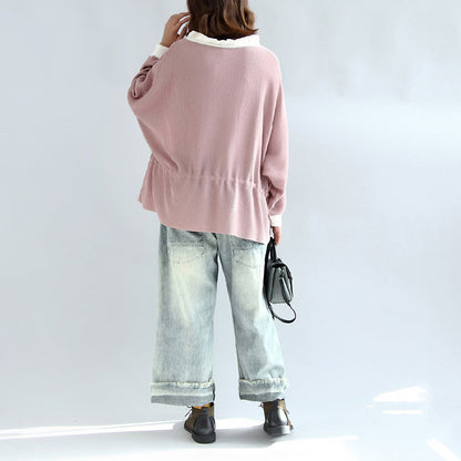 Fall Pink Knit Tops White Neck Ruffles Sweaters