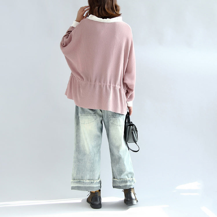 Fall Pink Knit Tops White Neck Ruffles Sweaters