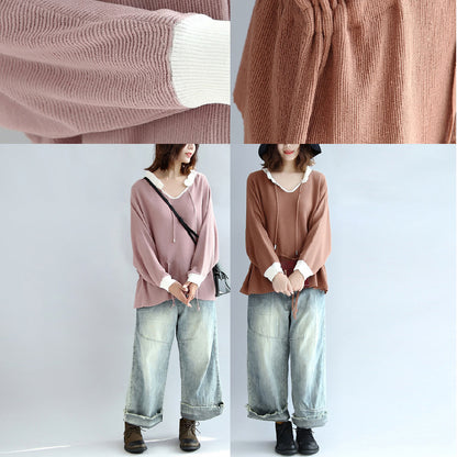 Fall Pink Knit Tops White Neck Ruffles Sweaters