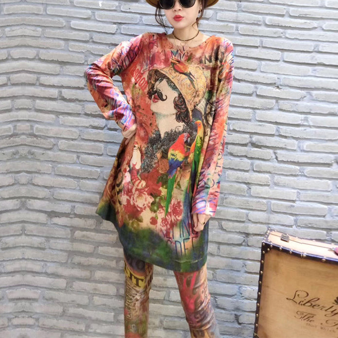 Fall Prints Knit Blouse Oversize O Neck Mid Long Sweater