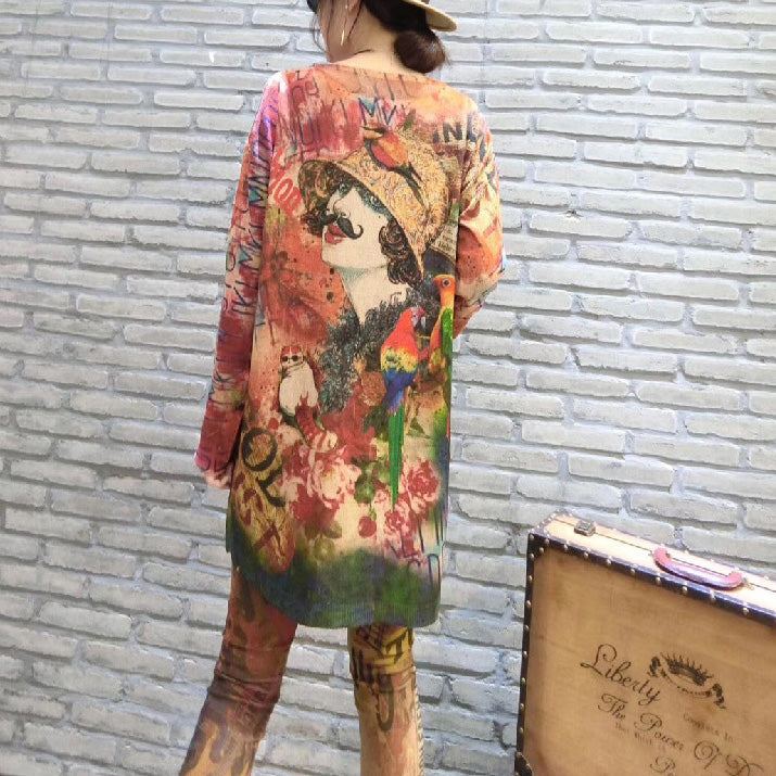 Fall Prints Knit Blouse Oversize O Neck Mid Long Sweater