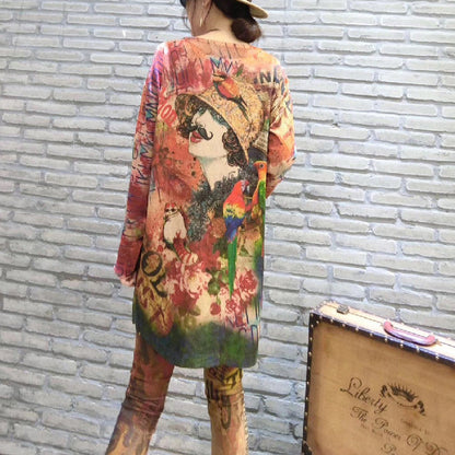 Fall Prints Knit Blouse Oversize O Neck Mid Long Sweater