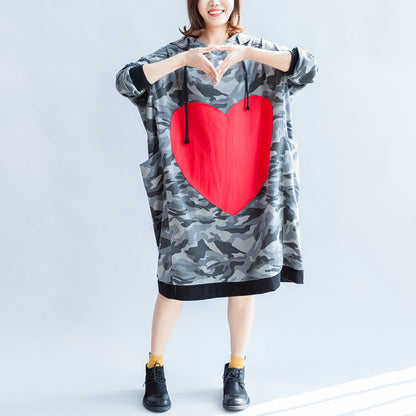 Fall Prints Ruffles Black Cotton Shift Dresses Hooded Oversize Dress Patchwork Loving Heart