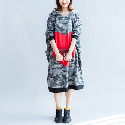 Fall Prints Ruffles Black Cotton Shift Dresses Hooded Oversize Dress Patchwork Loving Heart