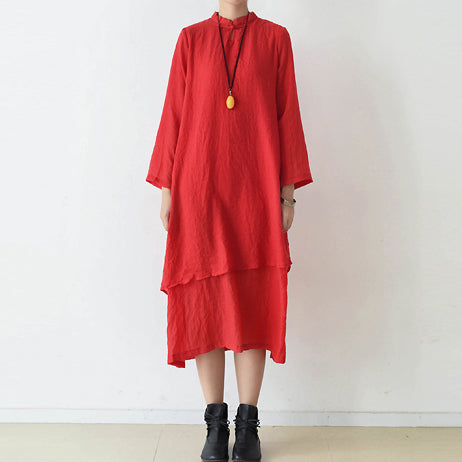 Fall Red Cotton Dresses Layered Long Maxi Dress High Neck Design