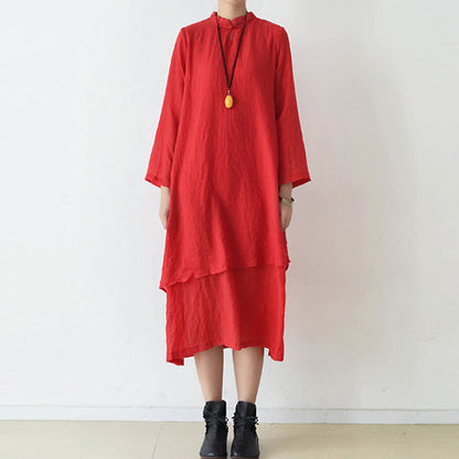 Fall Red Cotton Dresses Layered Long Maxi Dress High Neck Design