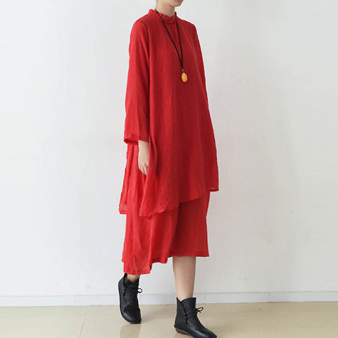 Fall Red Cotton Dresses Layered Long Maxi Dress High Neck Design