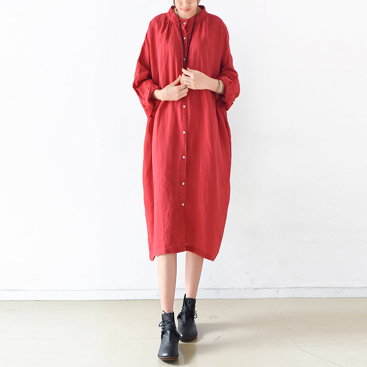 Fall Red Linen Dresses Shirt Dress Oversize Linen Clothing