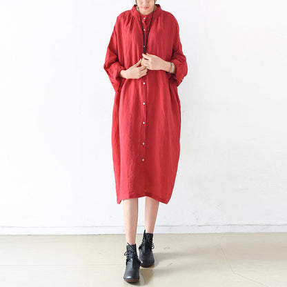 Fall Red Linen Dresses Shirt Dress Oversize Linen Clothing