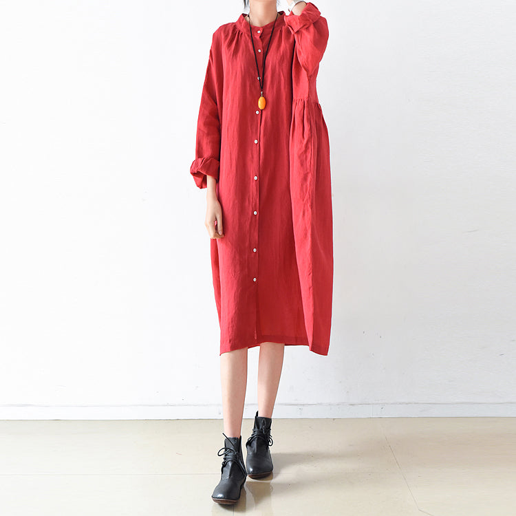 Fall Red Linen Dresses Shirt Dress Oversize Linen Clothing