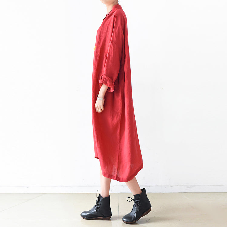 Fall Red Linen Dresses Shirt Dress Oversize Linen Clothing