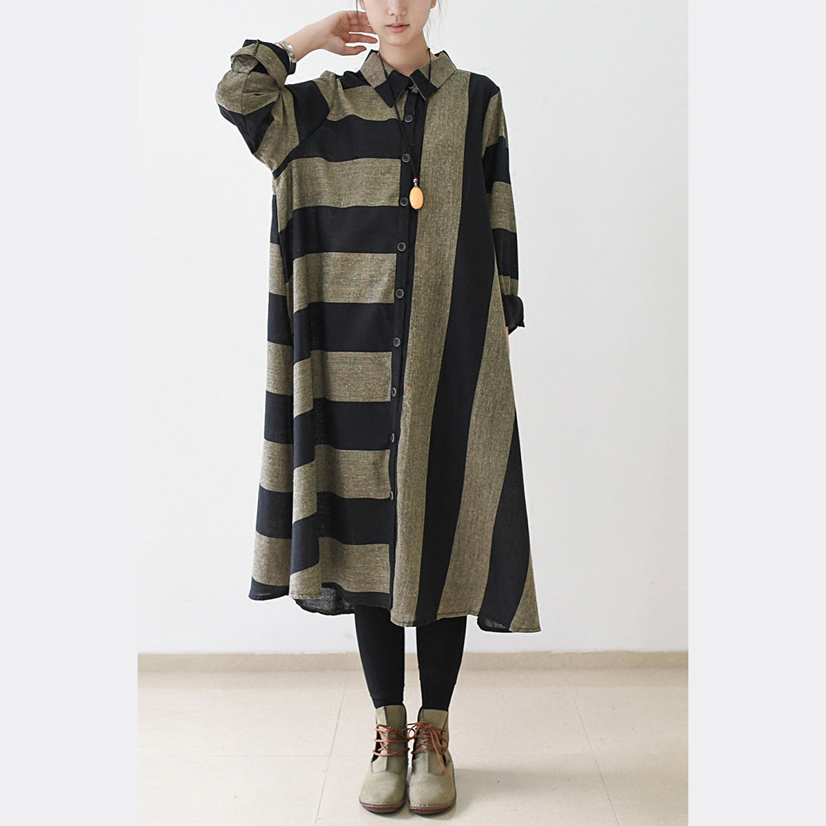 Fall Strip Linen Maxi Dresses Cotton Caftans Gown