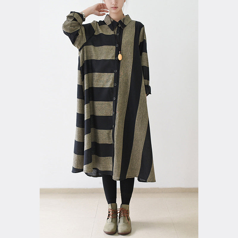 Fall Strip Linen Maxi Dresses Cotton Caftans Gown