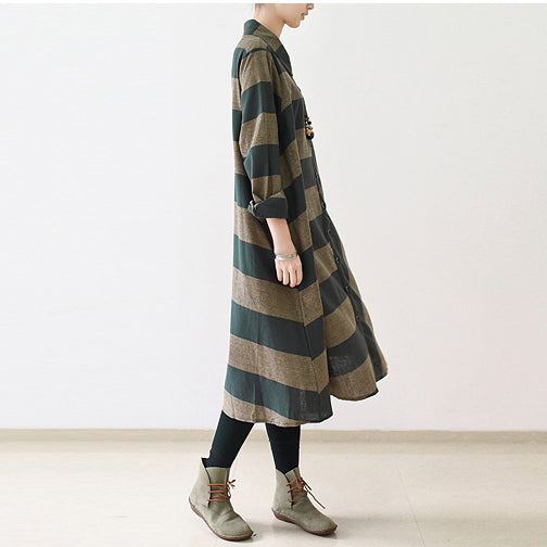 Fall Strip Linen Maxi Dresses Cotton Caftans Gown