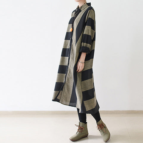 Fall Strip Linen Maxi Dresses Cotton Caftans Gown