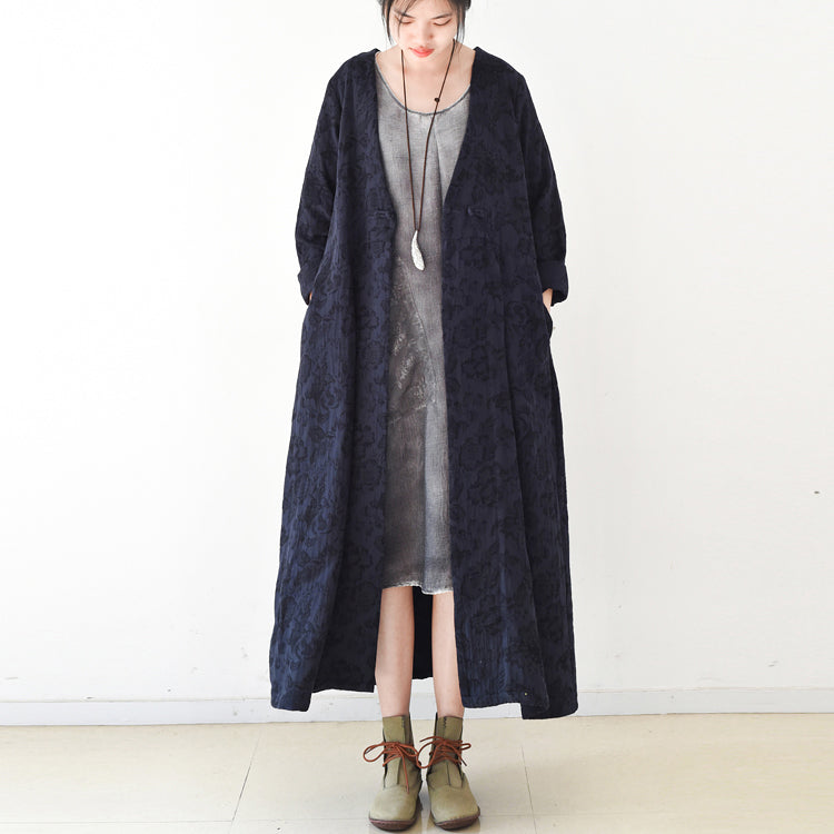 Fall Trend Navy Jacquard Linen Coats Long Maxi Coat V Neck Cardigan