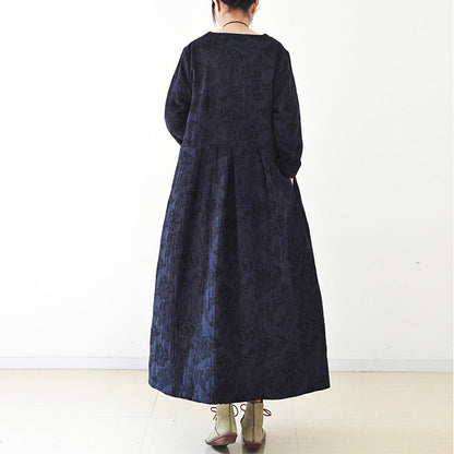 Fall Trend Navy Jacquard Linen Coats Long Maxi Coat V Neck Cardigan
