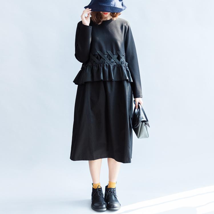 Fall Black Cotton Dresses Baggy Loose Ruffles Long Sleeve Dress