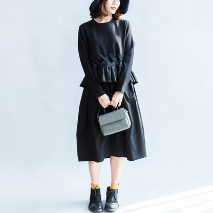 Fall Black Cotton Dresses Baggy Loose Ruffles Long Sleeve Dress