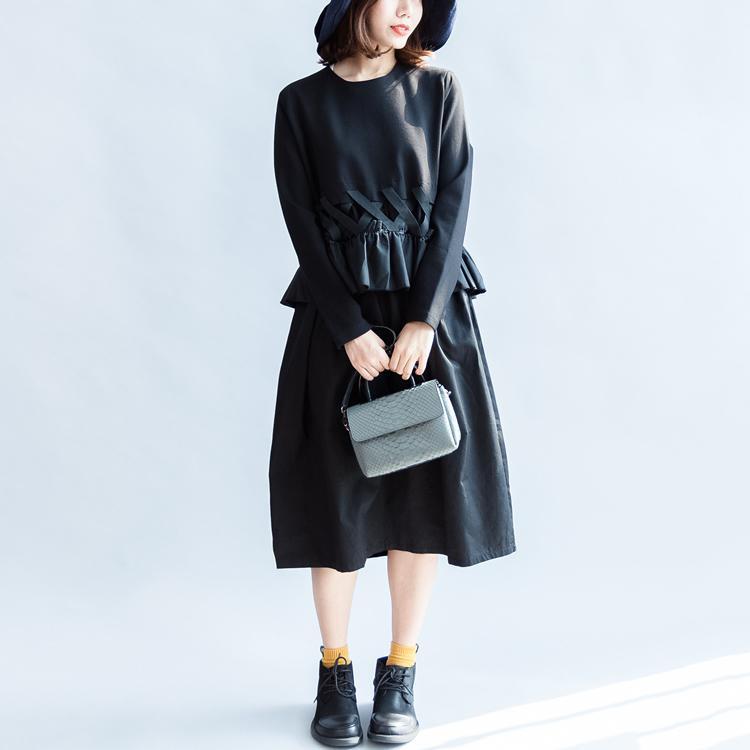Fall Black Cotton Dresses Baggy Loose Ruffles Long Sleeve Dress