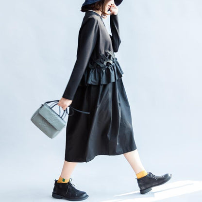 Fall Black Cotton Dresses Baggy Loose Ruffles Long Sleeve Dress