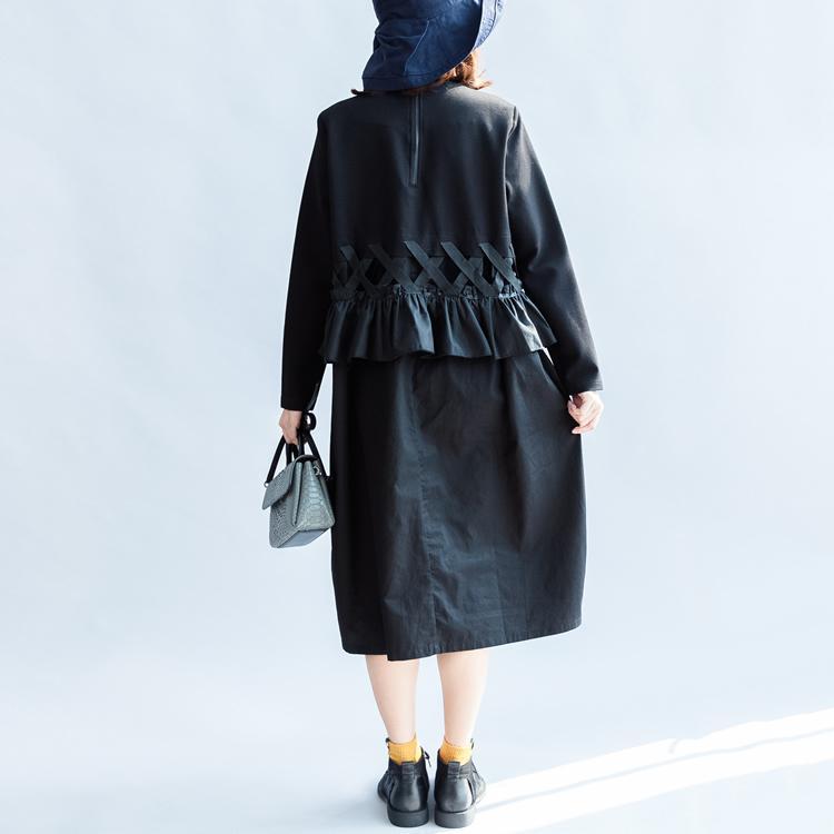Fall Black Cotton Dresses Baggy Loose Ruffles Long Sleeve Dress