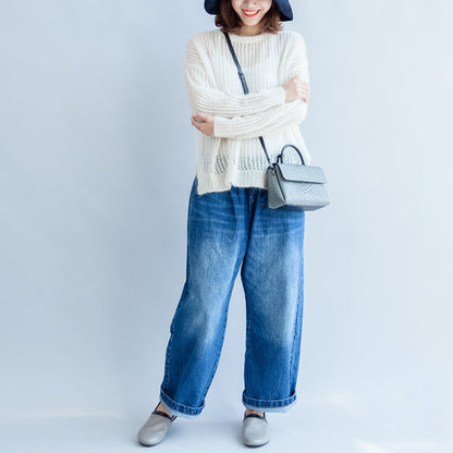 Fall White Hollow Out Cotton Knit Tops Long Sleeve Sweaters Side Open