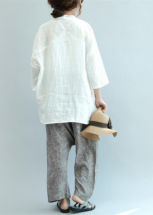 Fall White Unique Linen Tops Blouse