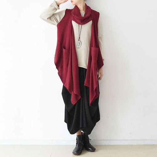 Fall Winter Scarf Vest Red Linen Tops Original Design Linen Outfits