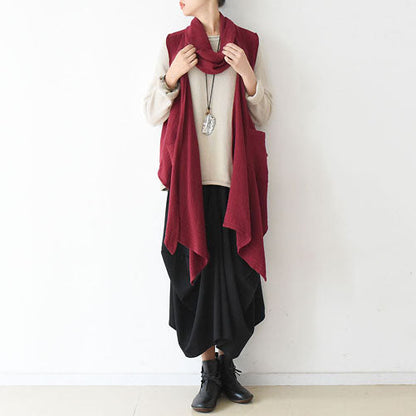 Fall Winter Scarf Vest Red Linen Tops Original Design Linen Outfits