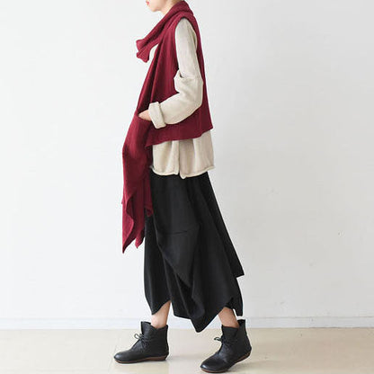 Fall Winter Scarf Vest Red Linen Tops Original Design Linen Outfits
