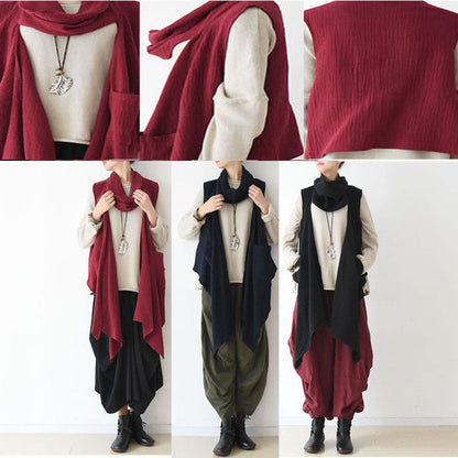 Fall Winter Scarf Vest Red Linen Tops Original Design Linen Outfits