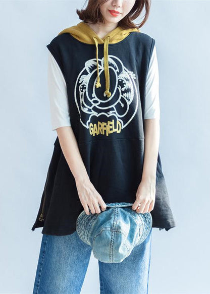 Black Cartoon Print Cotton Sleeveless Pullover Oversize Hooded Thick Vests