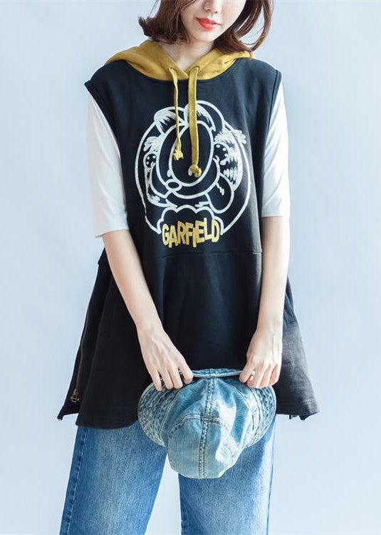 Black Cartoon Print Cotton Sleeveless Pullover Oversize Hooded Thick Vests
