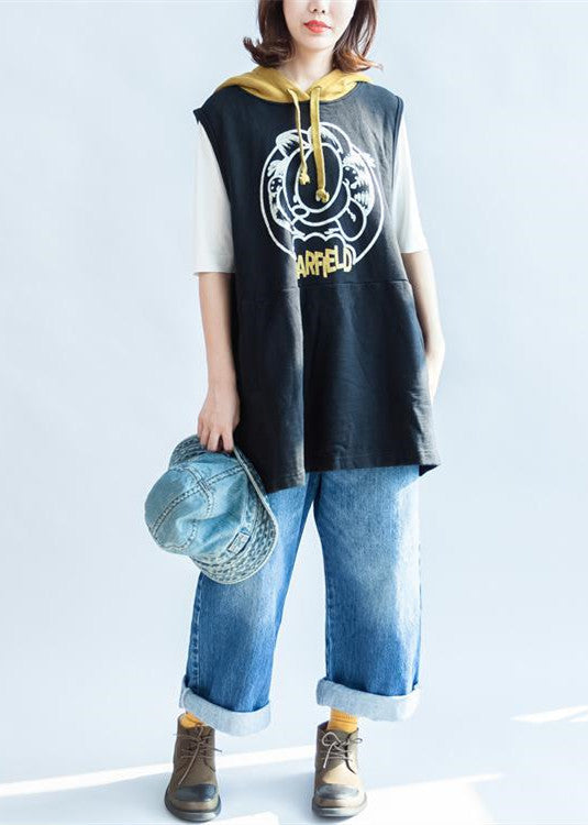 Black Cartoon Print Cotton Sleeveless Pullover Oversize Hooded Thick Vests