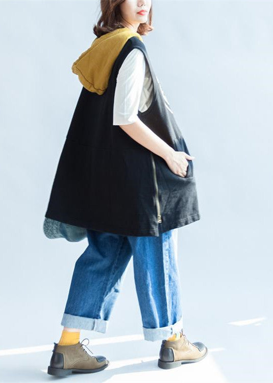 Black Cartoon Print Cotton Sleeveless Pullover Oversize Hooded Thick Vests