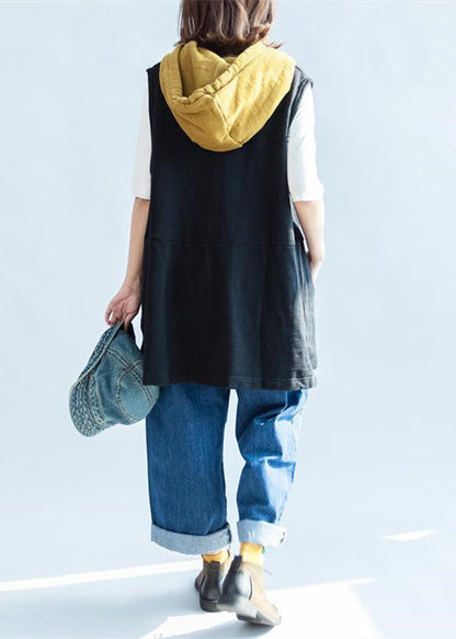 Black Cartoon Print Cotton Sleeveless Pullover Oversize Hooded Thick Vests