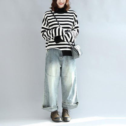 Black White Striped Cotton Knit Tops Asymmetric Design Sweater