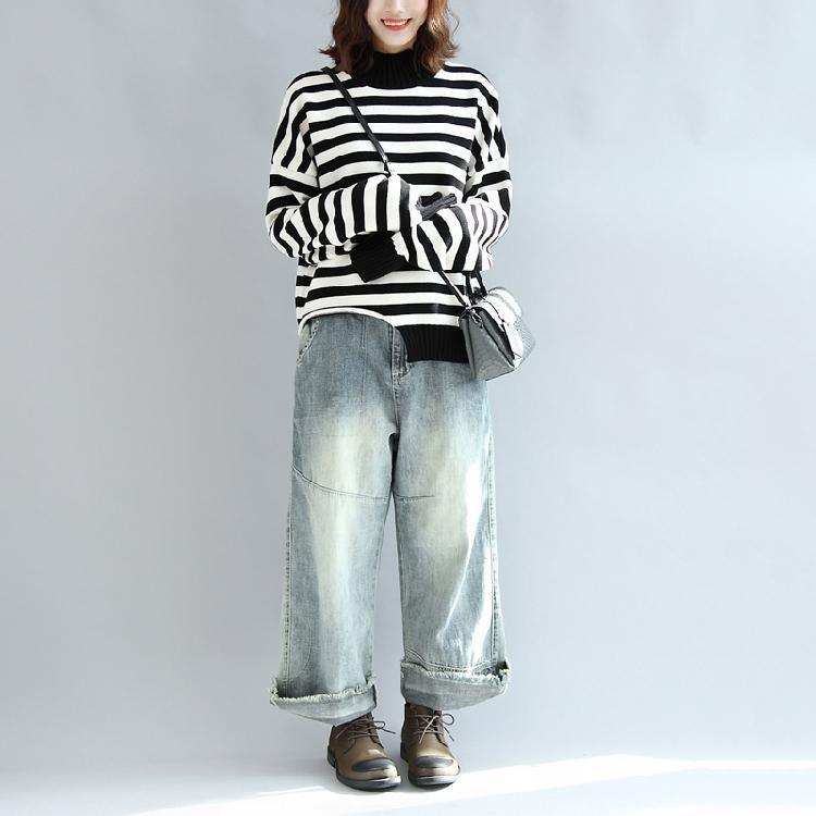 Black White Striped Cotton Knit Tops Asymmetric Design Sweater