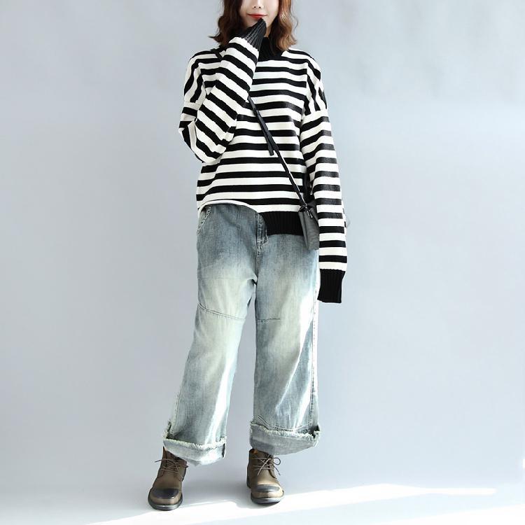 Black White Striped Cotton Knit Tops Asymmetric Design Sweater