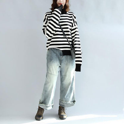 Black White Striped Cotton Knit Tops Asymmetric Design Sweater