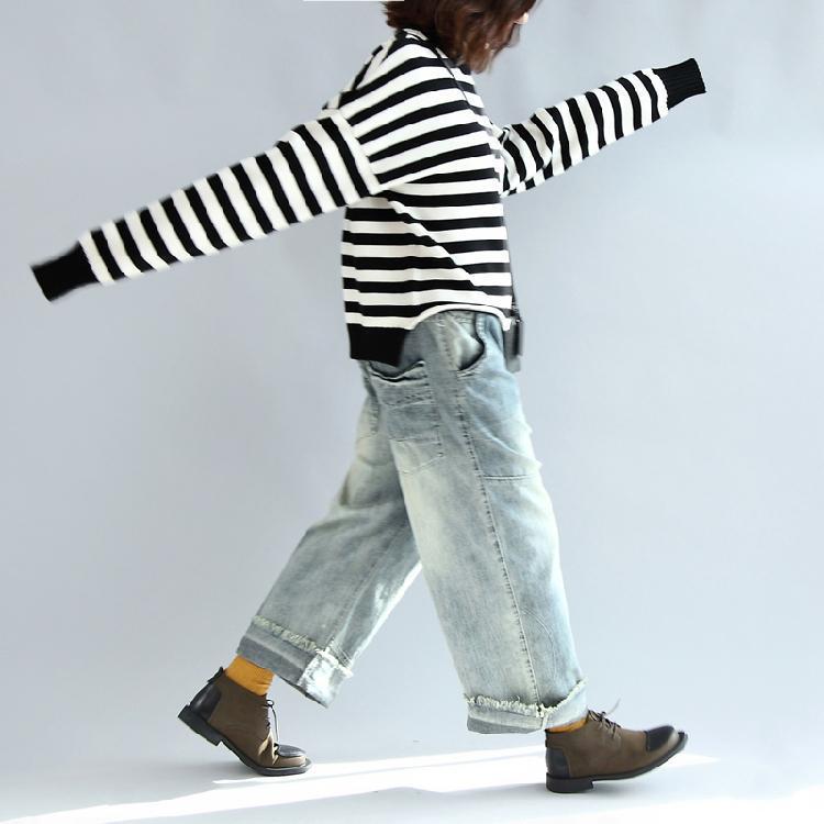 Black White Striped Cotton Knit Tops Asymmetric Design Sweater