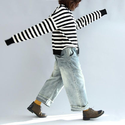 Black White Striped Cotton Knit Tops Asymmetric Design Sweater