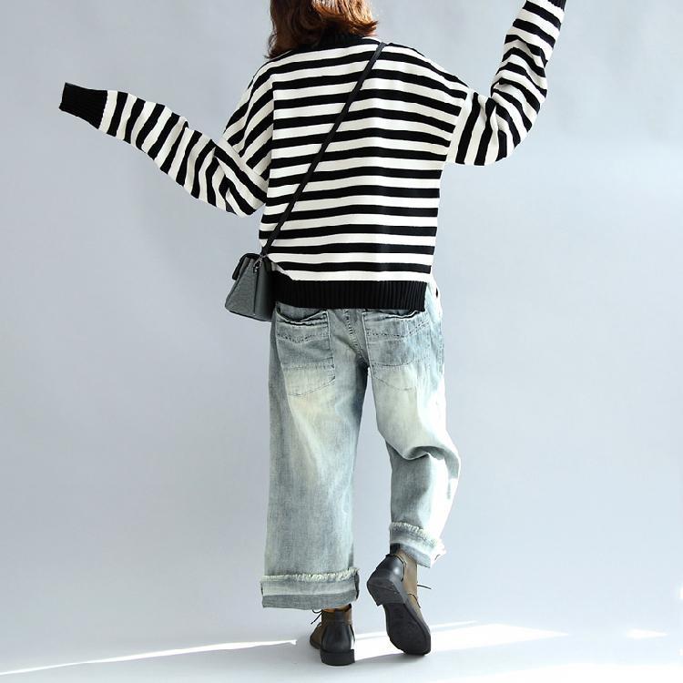 Black White Striped Cotton Knit Tops Asymmetric Design Sweater