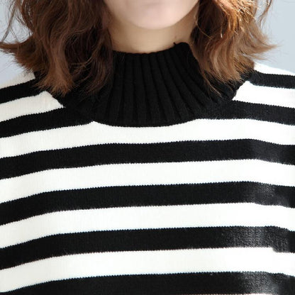 Black White Striped Cotton Knit Tops Asymmetric Design Sweater
