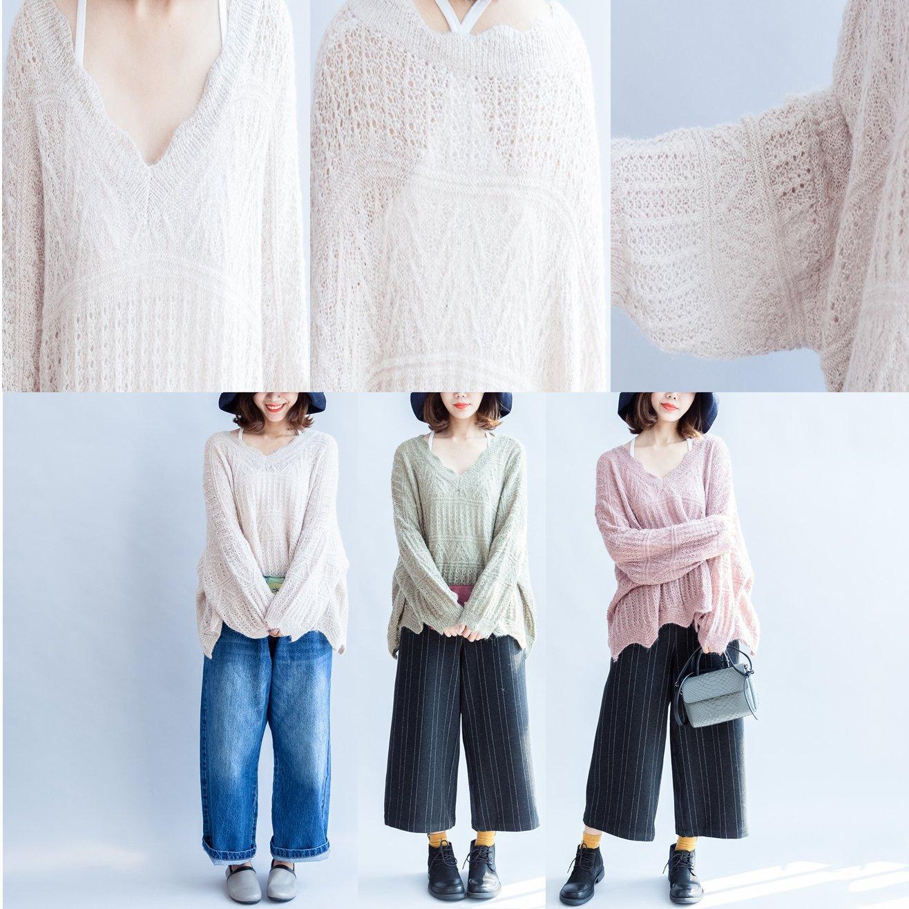 Cotton Knit Tops Ruffles Oversize V Neck Sweaters